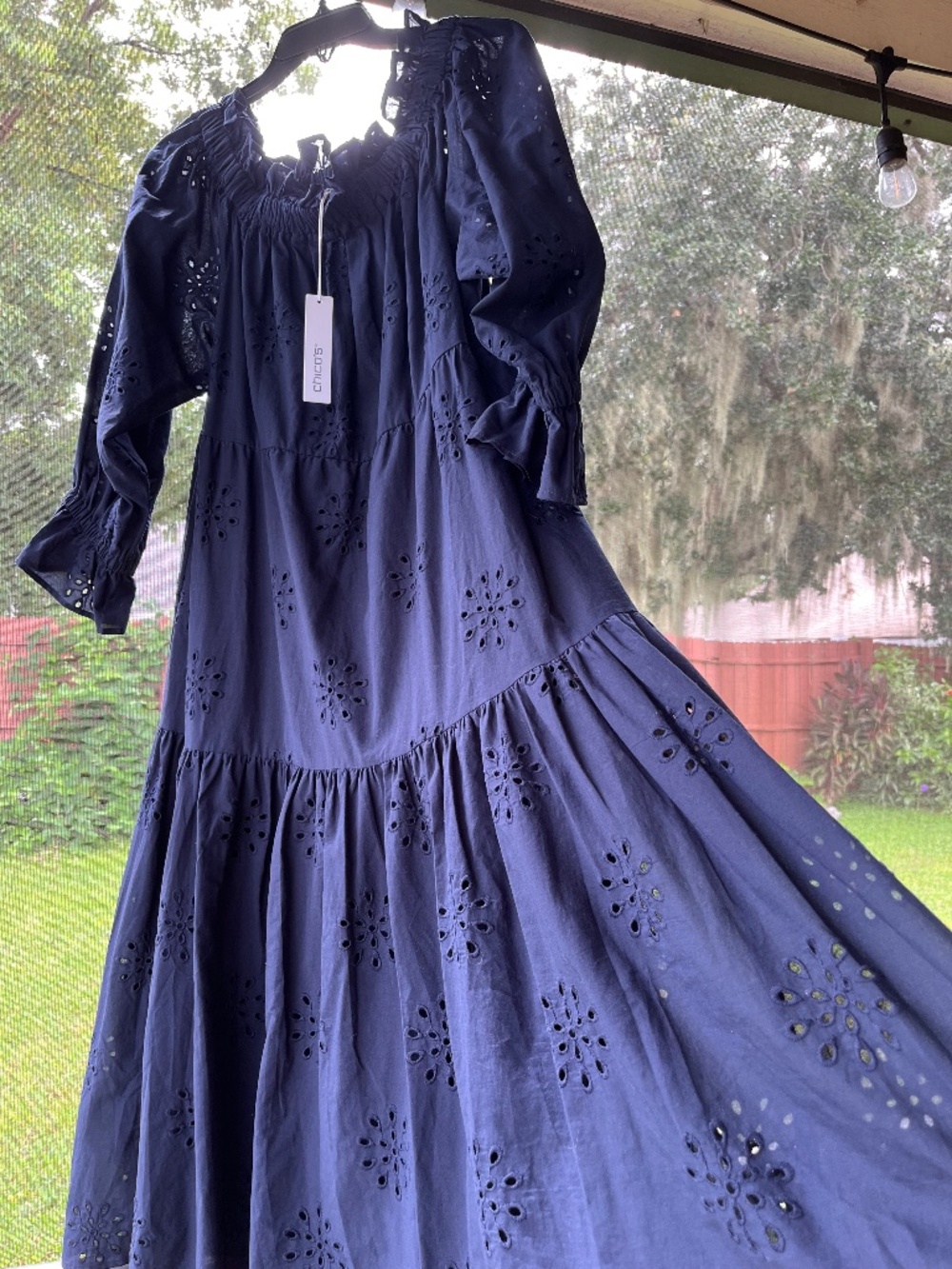 Chico's all-over floral eyelet embroidered navy blue cotton maxi dress size 12